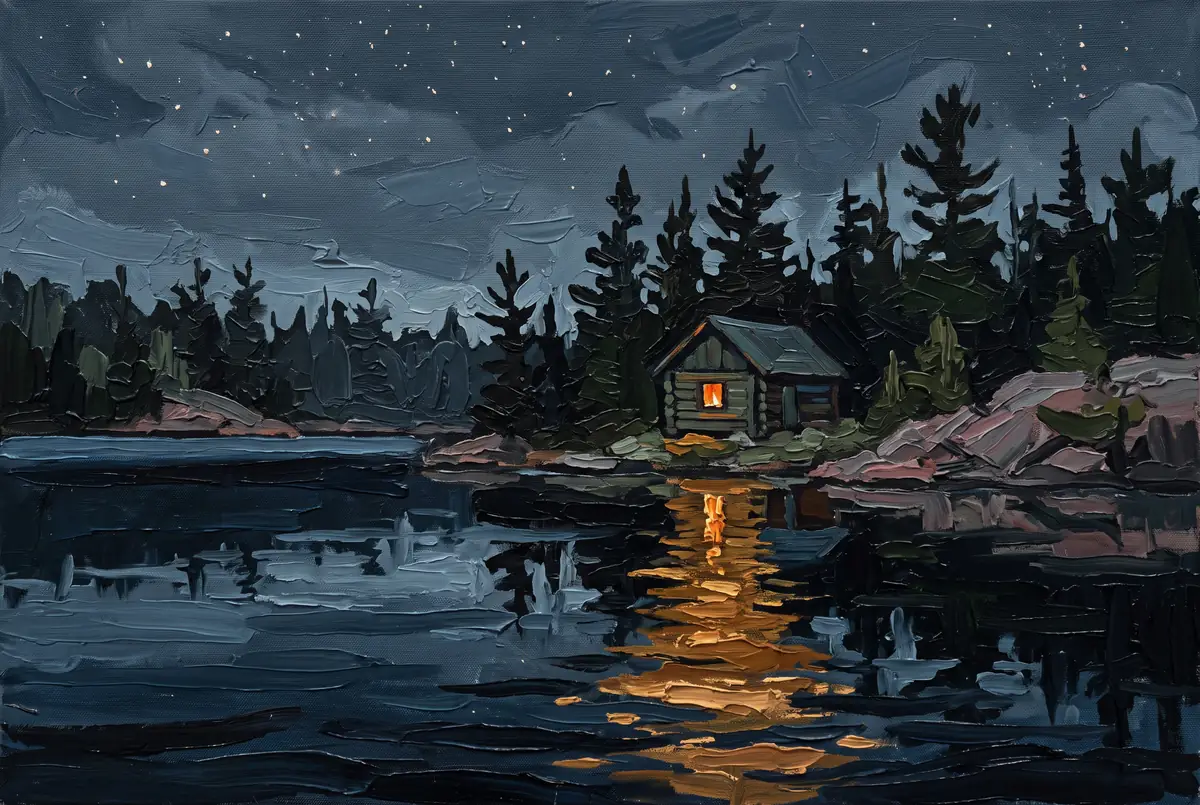 Oil painting of a single lit cabin window reflected across a dark lake at night