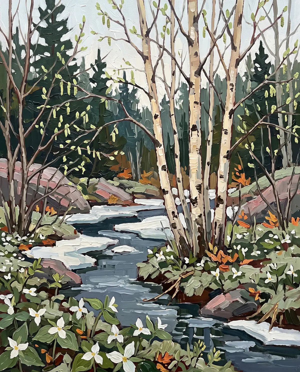 Oil painting of white birch saplings and trilliums beside a creek as the last ice melts
