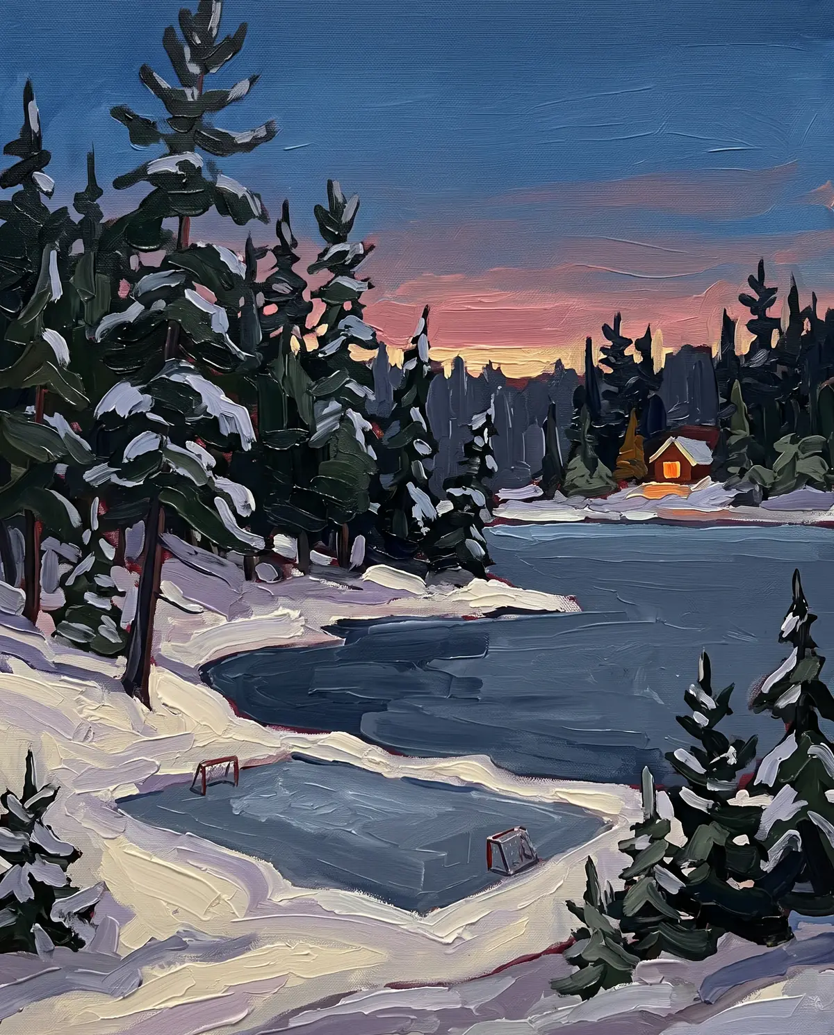 Oil painting of a snowy bay at twilight with a small outdoor rink and a lit cabin window